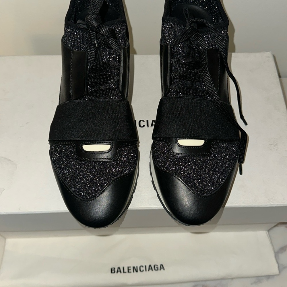 Balenciaga women’s sneakers knit and leather in black with sparkles reta…